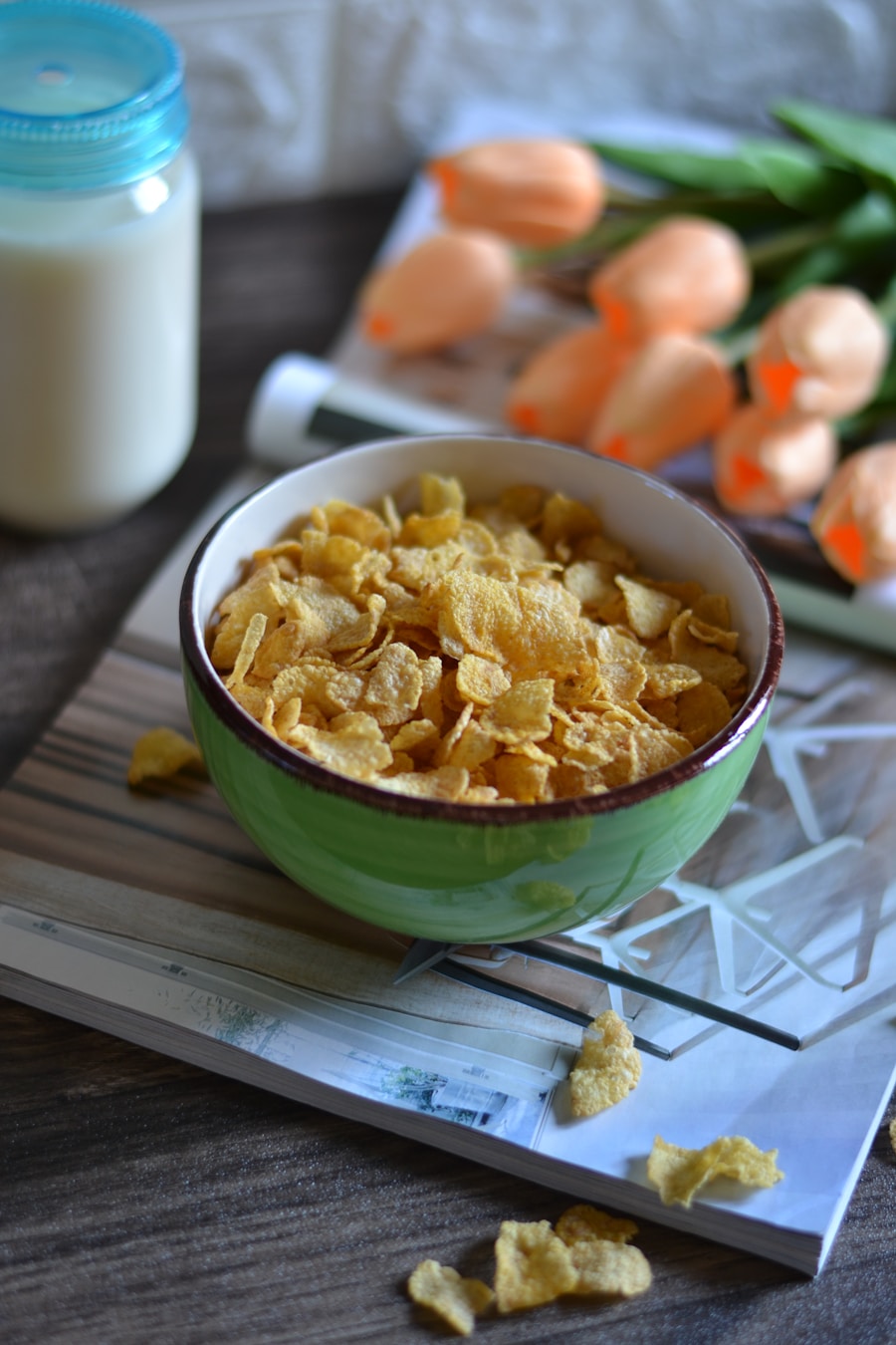 Bowl of cereal with milk at breakfast